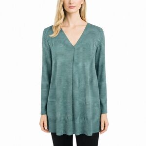 Cut Loose Green Gray Striped Knit Tunic Top Artsy Pleat Lagenlook Fall Size L